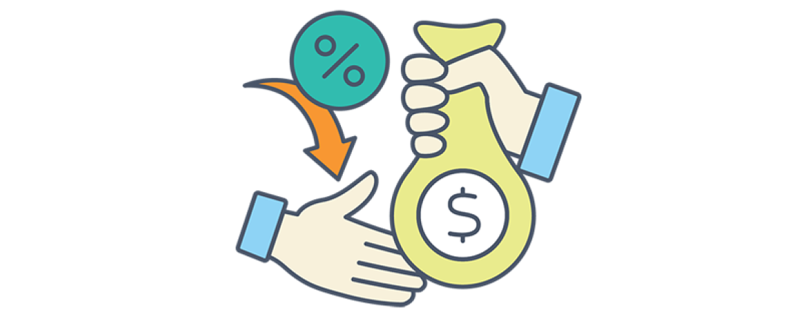 Icon of hand on right holding a bag with a money symbol out, a hand on left reaching for the bag with a percentage symbol in a circle above with a arrow pointing down under it