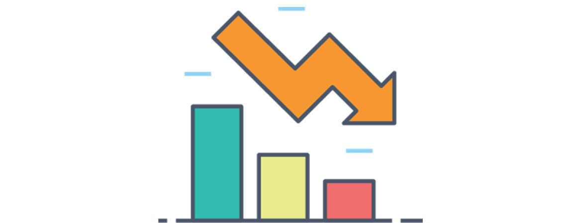 Icon showing bar graph with 3 lowering bars with large arrow following path down