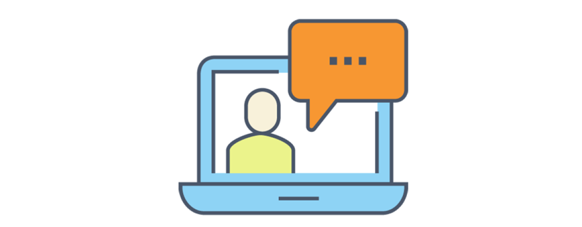 Icon of laptop with person on screen and large chat bubble with ellipses inside